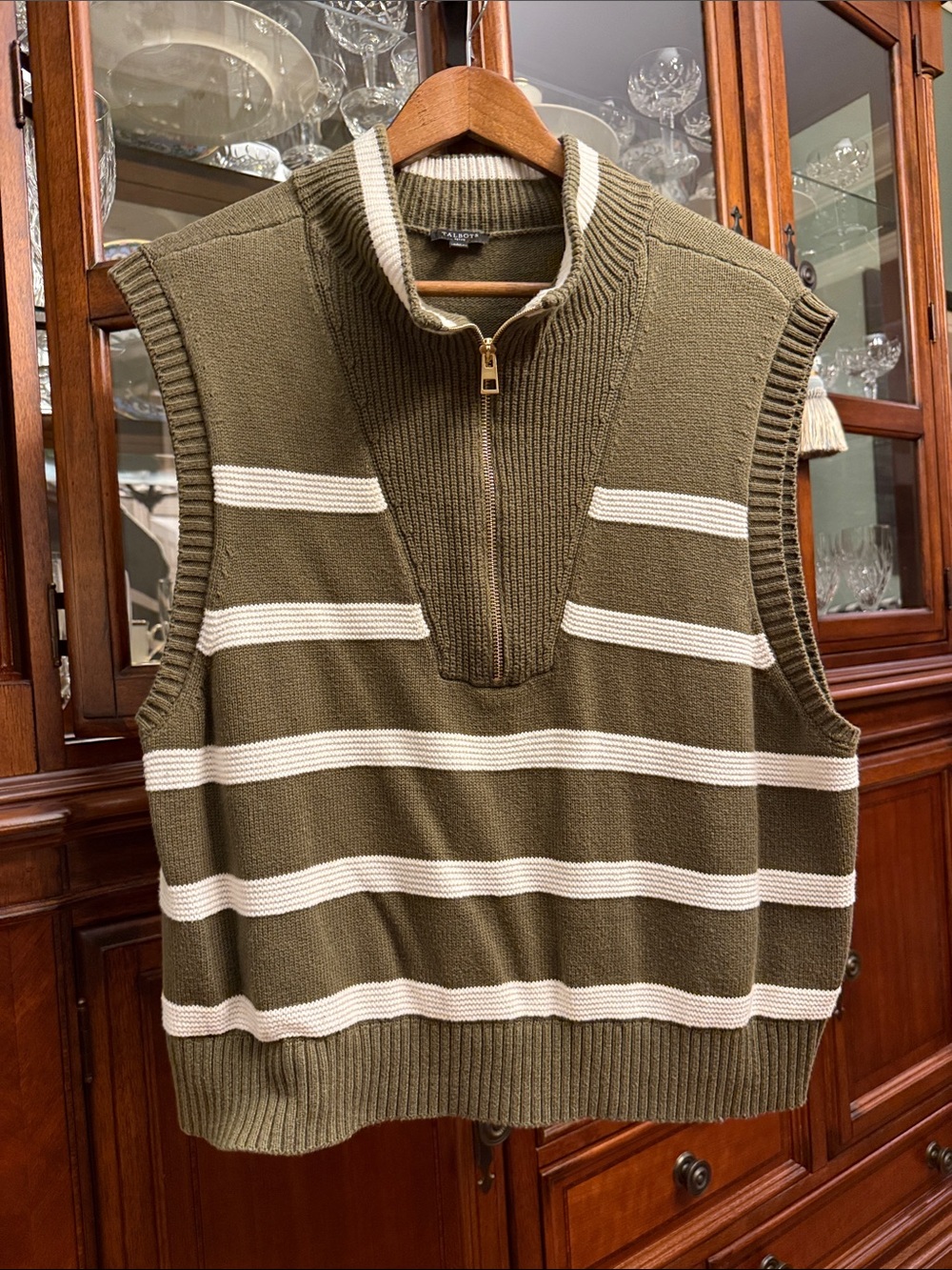 Talbot’s Olive & Cream Striped Half-Zip Sweater Vest